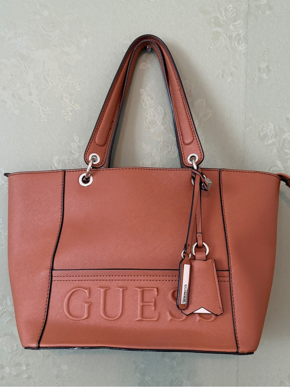 GUESS Coral Brown Logo Tote with Charm